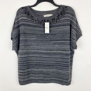 LOFT Striped Knit Top Disc & Jewel Embellished Neckline Short Sleeve Women S NWT